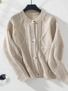 Cable-Knit Round Neck Button Up Cardigan