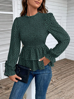 Perfee Printed Round Neck Smocked Flounce Sleeve T-Shirt