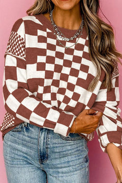 Checkered Round Neck Long Sleeve Sweater