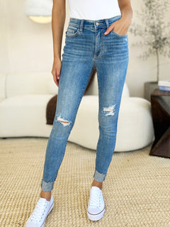 Judy Blue Full Size Mid-Rise Destroy & Cuff Skinny Jeans