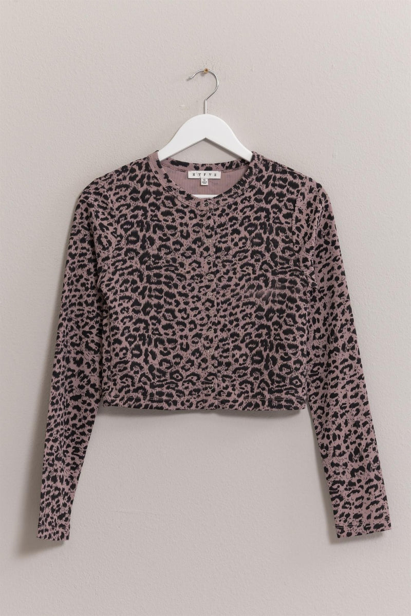 HYFVE Animal Print Snap Down Crop Cardigan