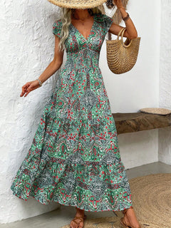 Honey Smocked Printed Cap Sleeve Midi Dress